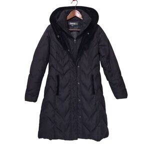 Kenneth Cole Down Hooded Puffer Coat Velvet Trim Women S Black Quilted Jacket